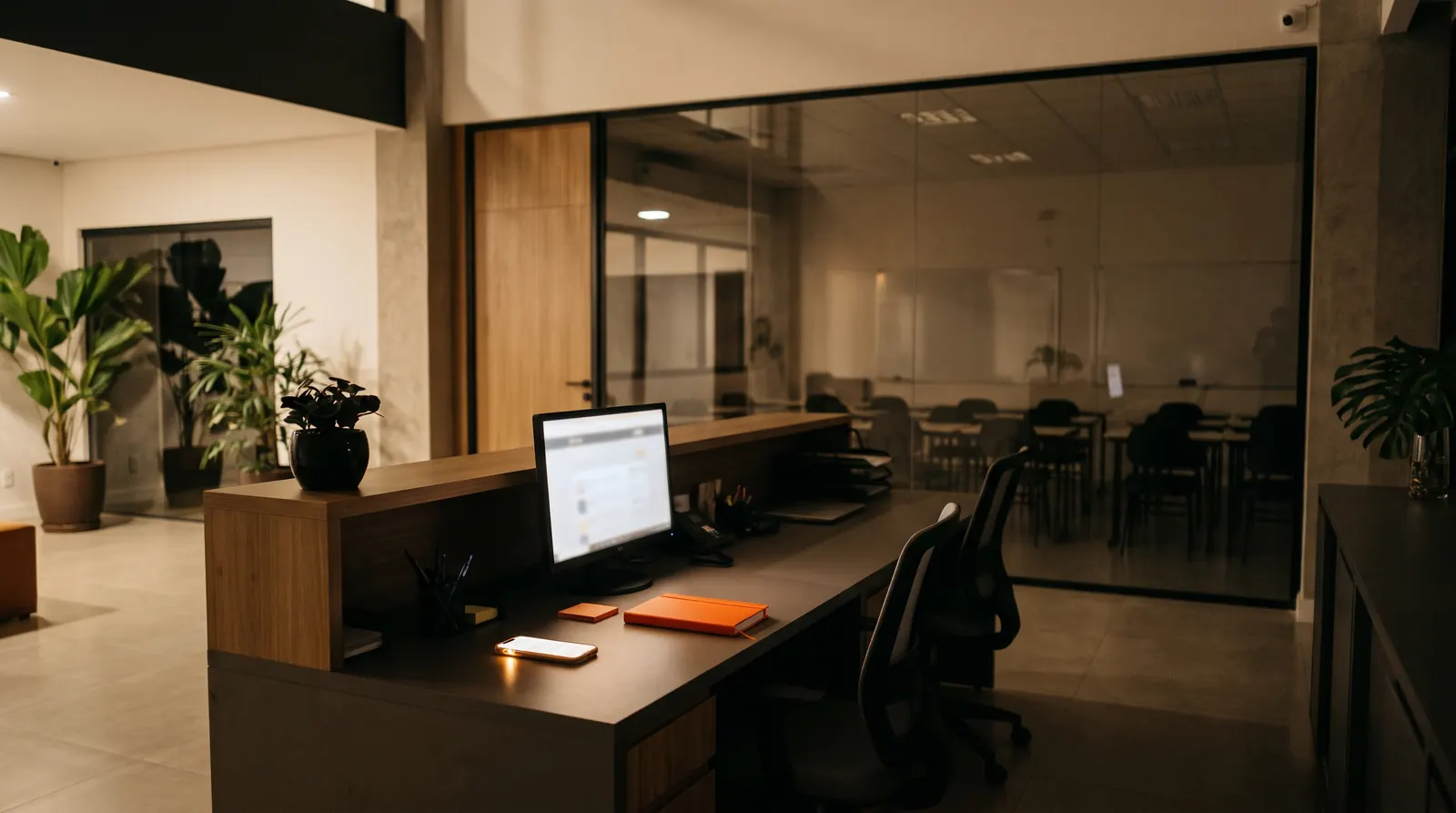 Recepção de uma escola de idiomas fechada à noite, com o monitor e o celular acesos numa conversa no balcão