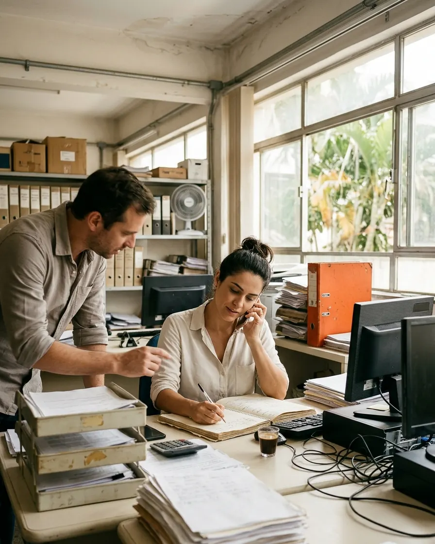 Responsável pela operação de uma empresa no meio do dia, com o telefone, o caderno de anotações e um colega perguntando algo