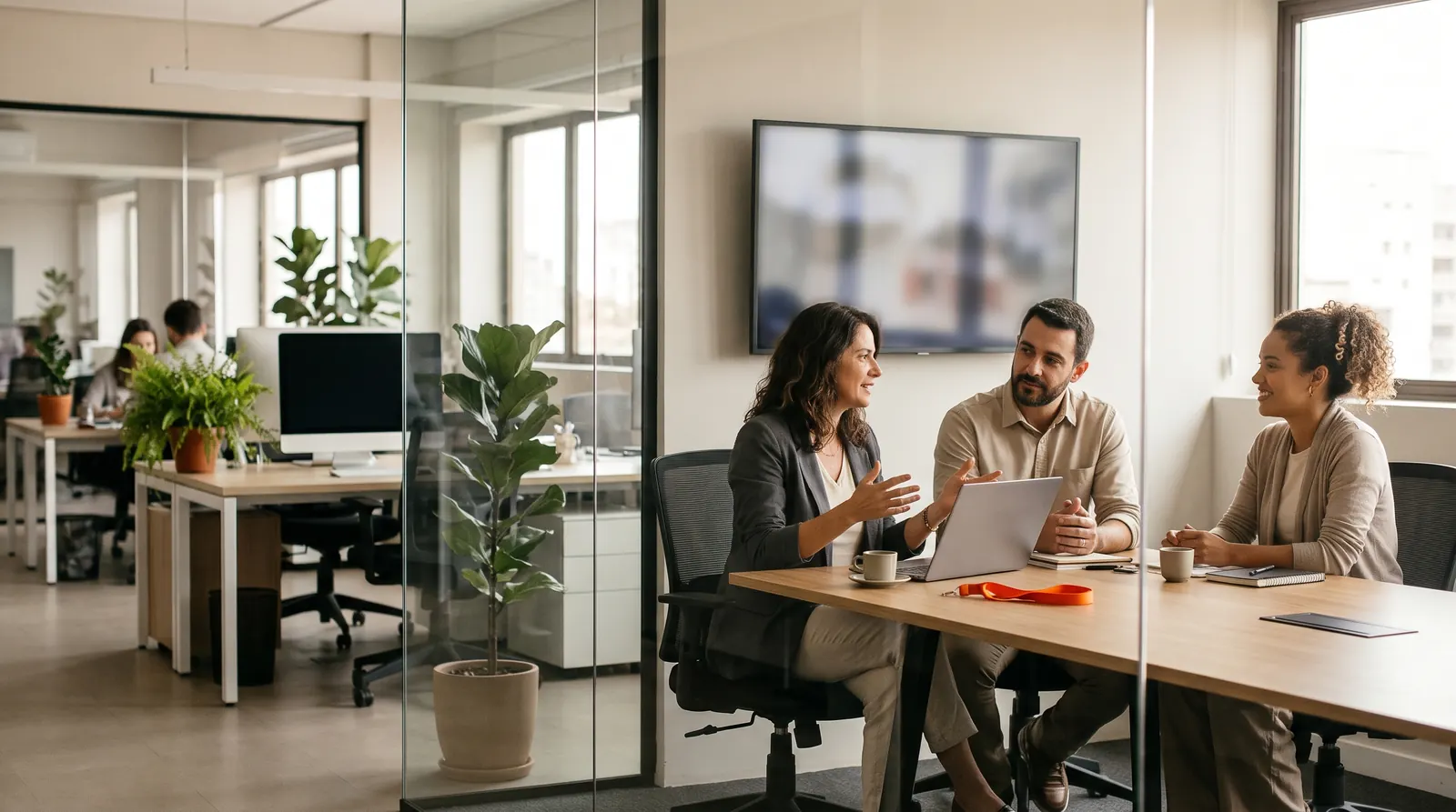 Equipe de RH de uma empresa de móveis planejados recebendo uma pessoa nova numa sala de vidro, com o notebook aberto